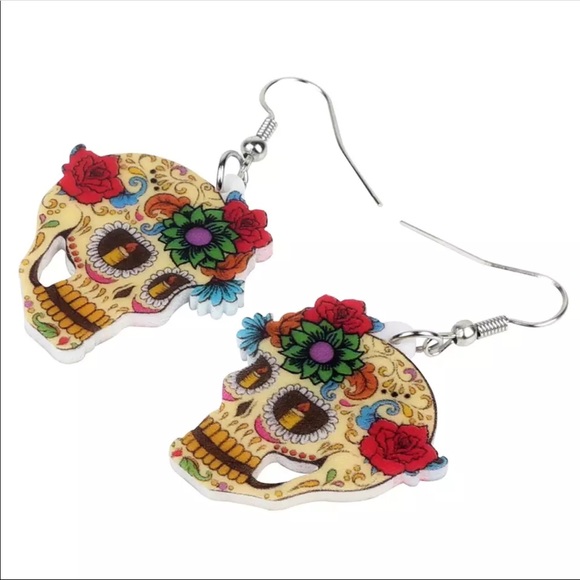 Floral Rose Skull Candle Eyes Acrylic Earrings - Picture 4 of 6